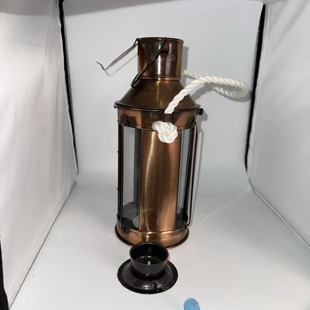 VTG Copper Lantern 4 Sided Glass Bale Kerosene Oil Lamp Nautical Maritime AS IS
